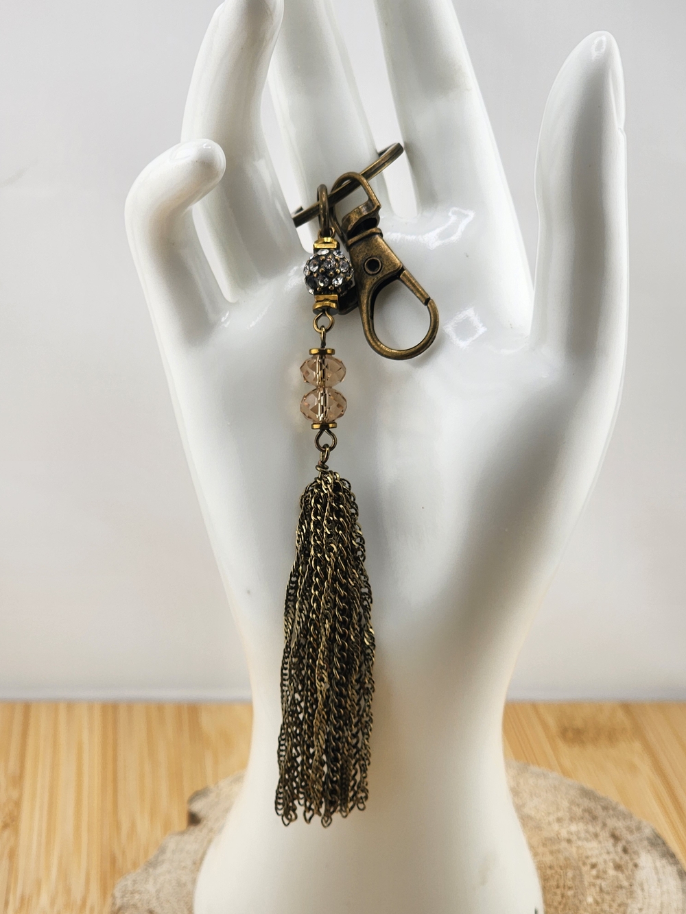 Bronze Tassel Bag Charm Keychain with Bead Accents